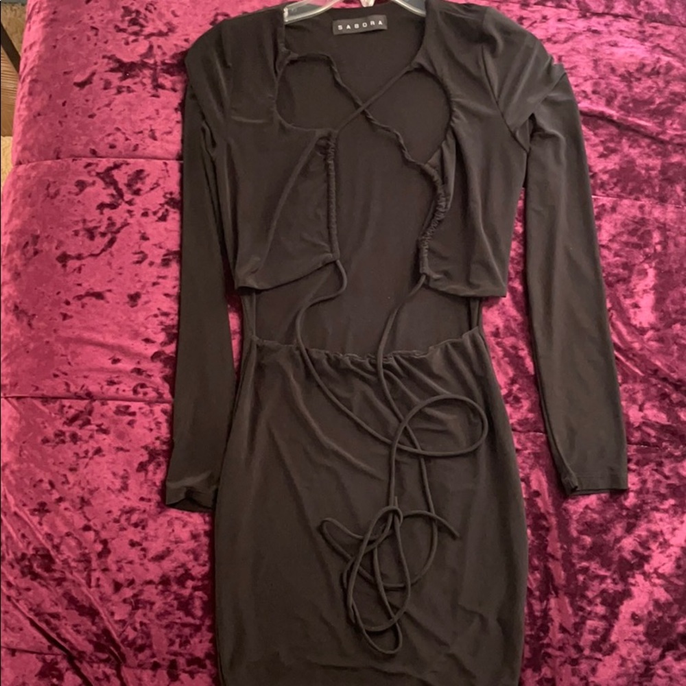 Black dress with open front.